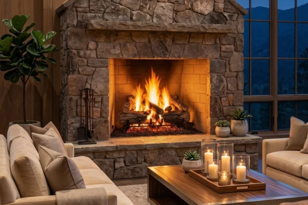 Cozy living room with a lit stone fireplace, cream sofas, and a coffee table with candles.